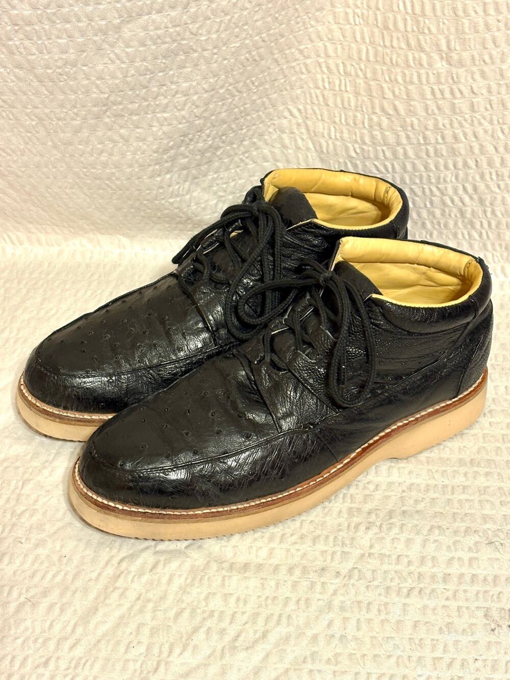 Vintage 80's Bilbo Exotic Black Full Quill Ostrich Leather Shoes Mens Size 10.5